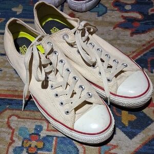 Beige Canvas Sneakers with Red Trim